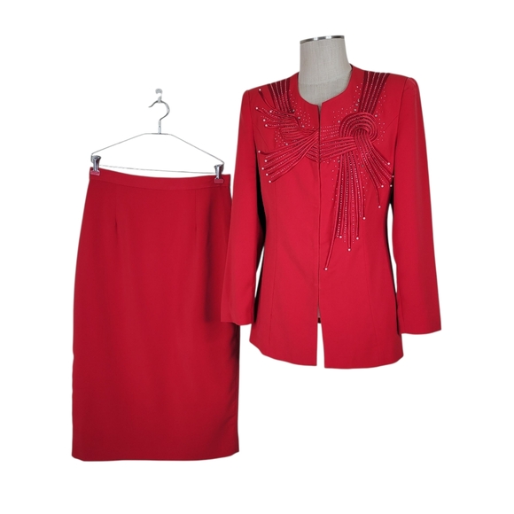 Grace Ephesians 2:5 Midi Skirt Suit Size 12 Red Beaded Pearls Rhinestones Lined - Picture 1 of 12